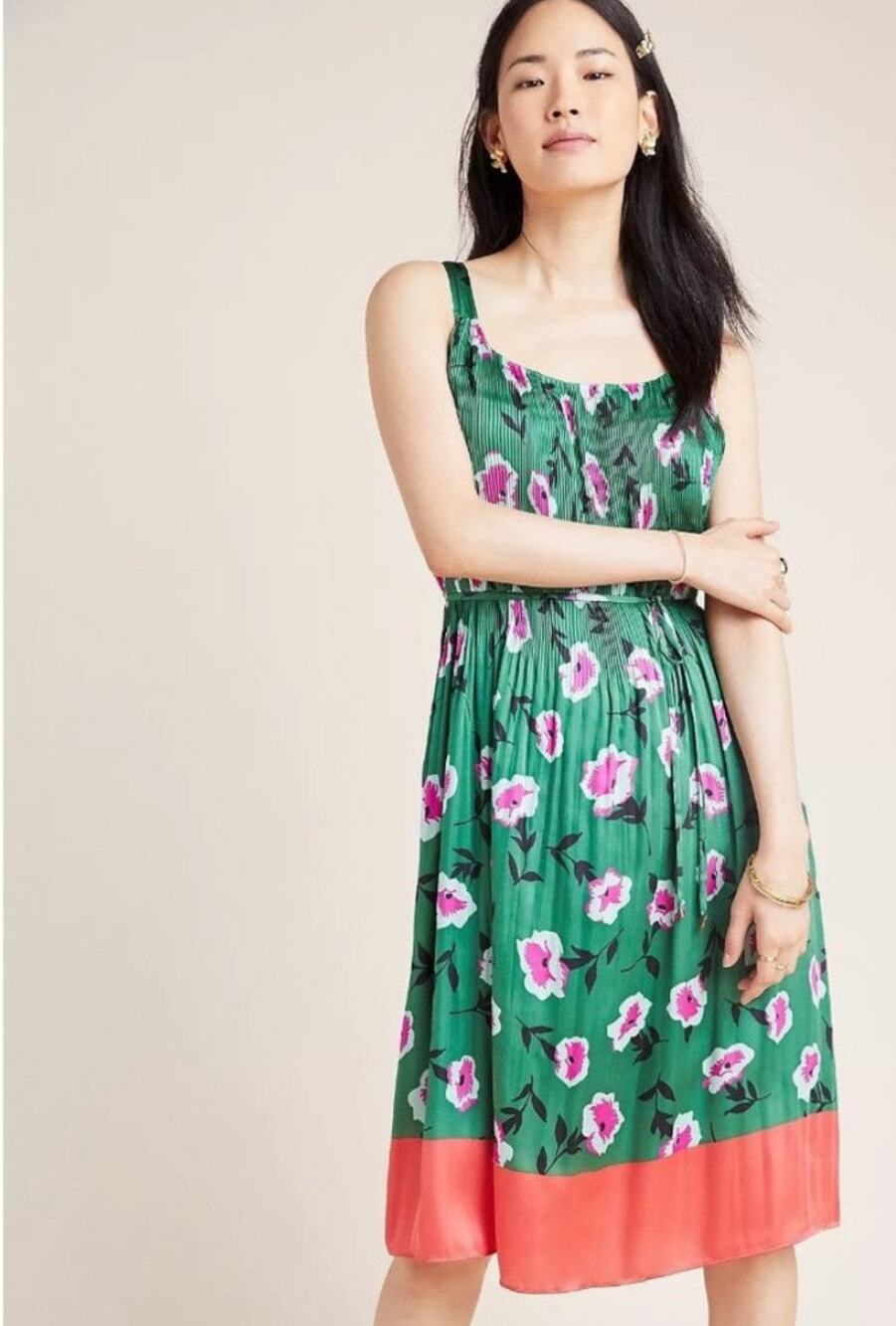 Anthropologie Mireille Pleated  Green Floral Midi Dress S  Pleated Flowy